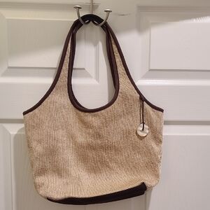Saks Woven Straw Tote Bag with Dark Brown Trim